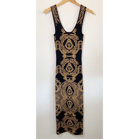 Torn by Ronny Kobo Dresses & Skirts - Torn by Ronny Kobo Black & Gold Scarf Print Knit Bandage Bodycon Midi Dress